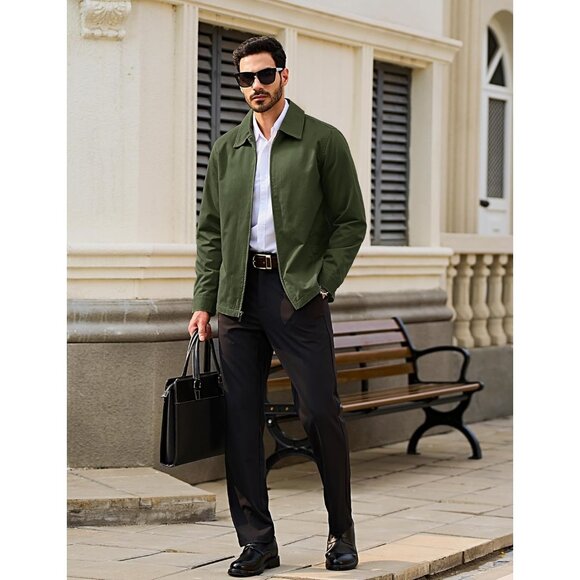 Men's Zip Up Turndown Collar Casual 3 Pockets Green Cotton Lightweight Jacket - Picture 3 of 6